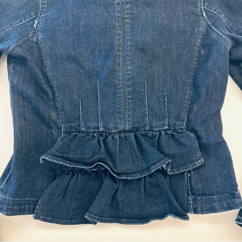 Gap Girls SZ XL Denim Jacket Blue Military Style Ruffle Back Stretch Classic